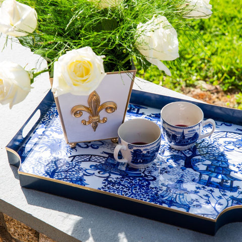 Garden Party Enameled Jaye Tray White & Blue