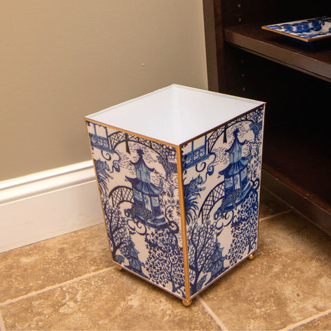 Garden Party Enameled Square Wastebasket White & Blue - Avail 12/05