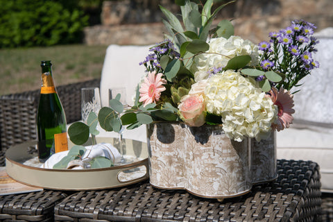 Garden Party Enameled Quatrefoil Cachepot Planter White & Taupe - Avail 11/27