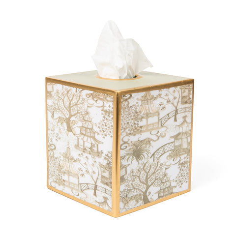 Garden Party Enameled Tissue Box Cover White & Taupe