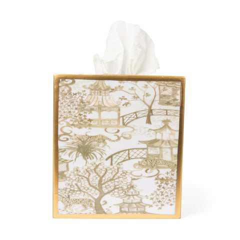 Garden Party Enameled Tissue Box Cover White & Taupe