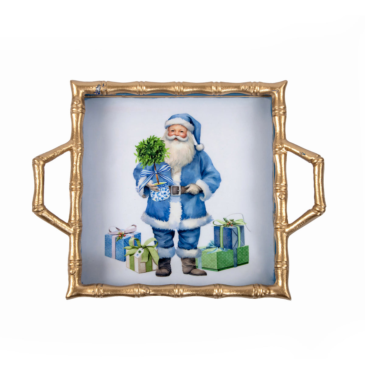 Blue Santa Enameled Chang Mai Tray 12x12 - Blue - Avail 12/05