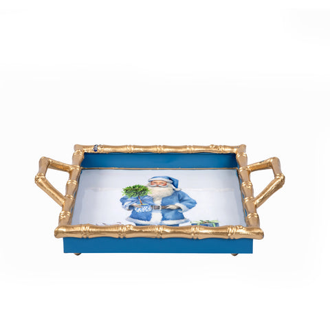 Blue Santa Enameled Chang Mai Tray 12x12 - Blue - Avail 12/05