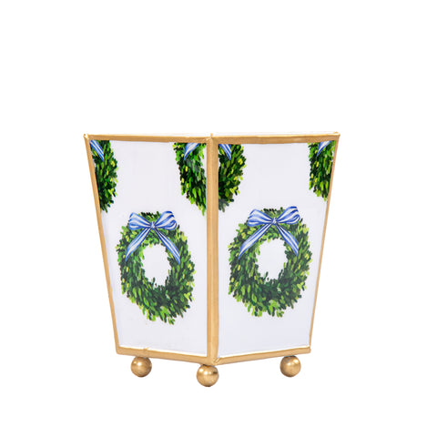 Wreath Enameled Square Cachepot Planter 4 - Blue & Green - Avail 12/05