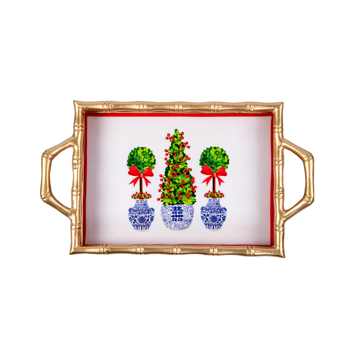 Christmas Topiaries Enameled Chang Mai Tray 10x14 - Multi-Color - Avail 12/05