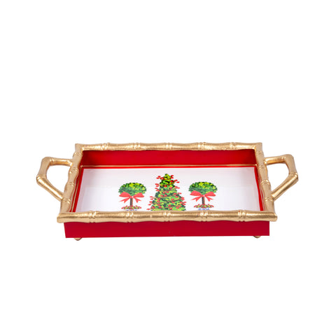 Christmas Topiaries Enameled Chang Mai Tray 10x14 - Multi-Color - Avail 12/05