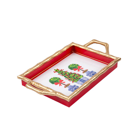 Christmas Topiaries Enameled Chang Mai Tray 10x14 - Multi-Color - Avail 12/05