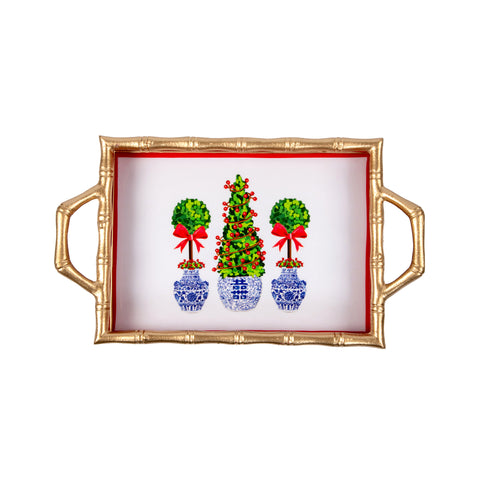 Christmas Topiaries Enameled Chang Mai Tray 10x14 - Multi-Color - Avail 12/05