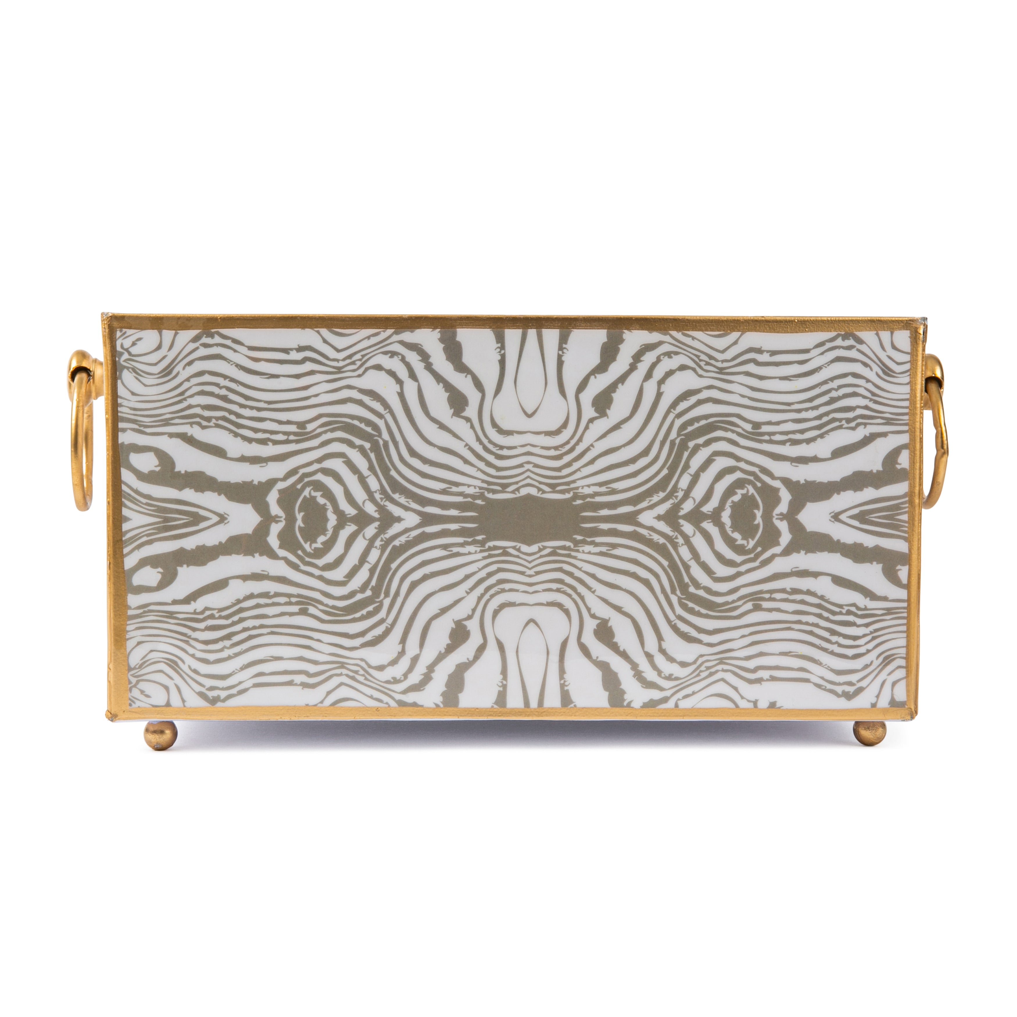 Enameled White and Taupe Rectangular Cachepot For Bedroom / Office / Kitchen / Living Room - Metal Construction - The Faux Bois Collection