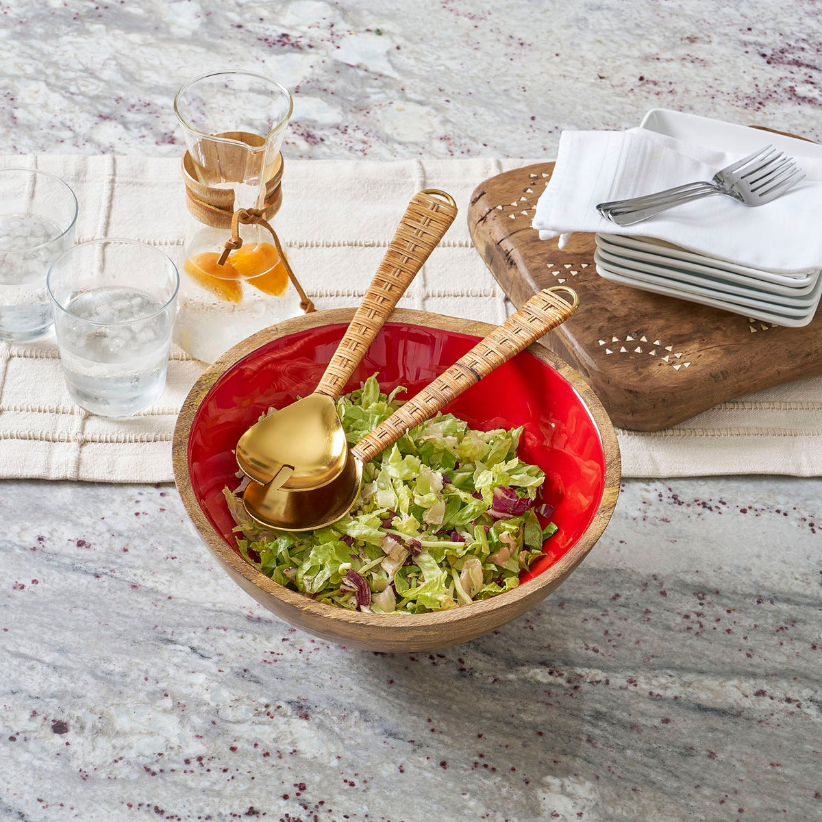Gracie Salad Bowl - Mango Wood & Red Enamel - Avail 11/21