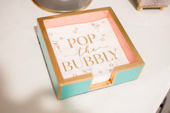 Gracie Enameled Turquoise and Blush Square Wooden Cocktail Napkin Tray for Barware, Serving, Entertaining - Amelia Decorative Tray