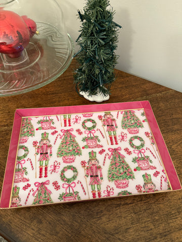 Trees Ribbons & Bows Enameled Oliver Tray 8x12 - White & Pink