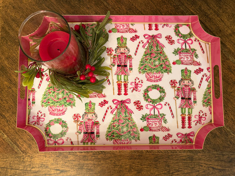 Trees Ribbons & Bows Enameled Jaye Tray - White & Pink