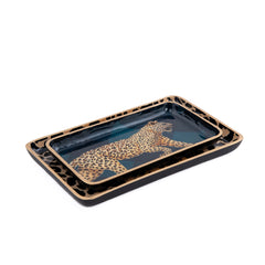 Leapord on Sussex Plaid Blue Enameled Set of 2 Rectangle Vanity Trays, Catch All Trays, Men's Valet Tray - Rowan Decorative Trays - Avail 08/17