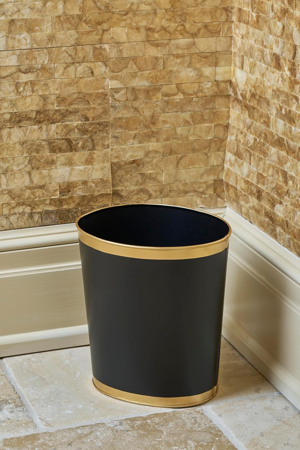Mattie Black Oval Metal Garbage Can, Wastebasket, Bathroom Trash Can for Home Office, Bedroom, Vanity - Oval without Lid - Avail 08/24