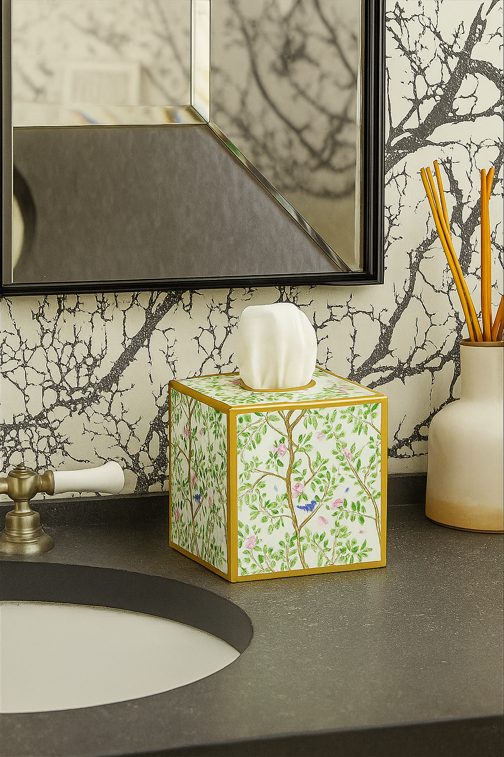Elsie's Garden Blue and Pink Enameled Multi-Color Square Metal Tissue Box Cover for Bathroom, Vanity, Bedroom, Home Office