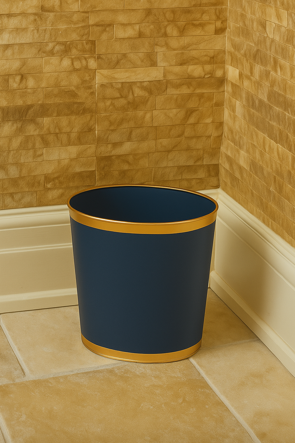 Mattie Indigo Blue Oval Metal Garbage Can, Wastebasket, Bathroom Trash Can for Home Office, Bedroom, Vanity - Oval without Lid