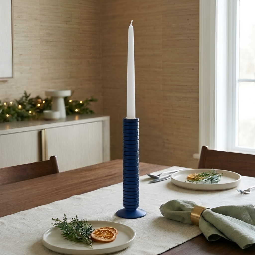 Mattie Medium Ribbed Taper Candle Holder 11" - Indigo Blue