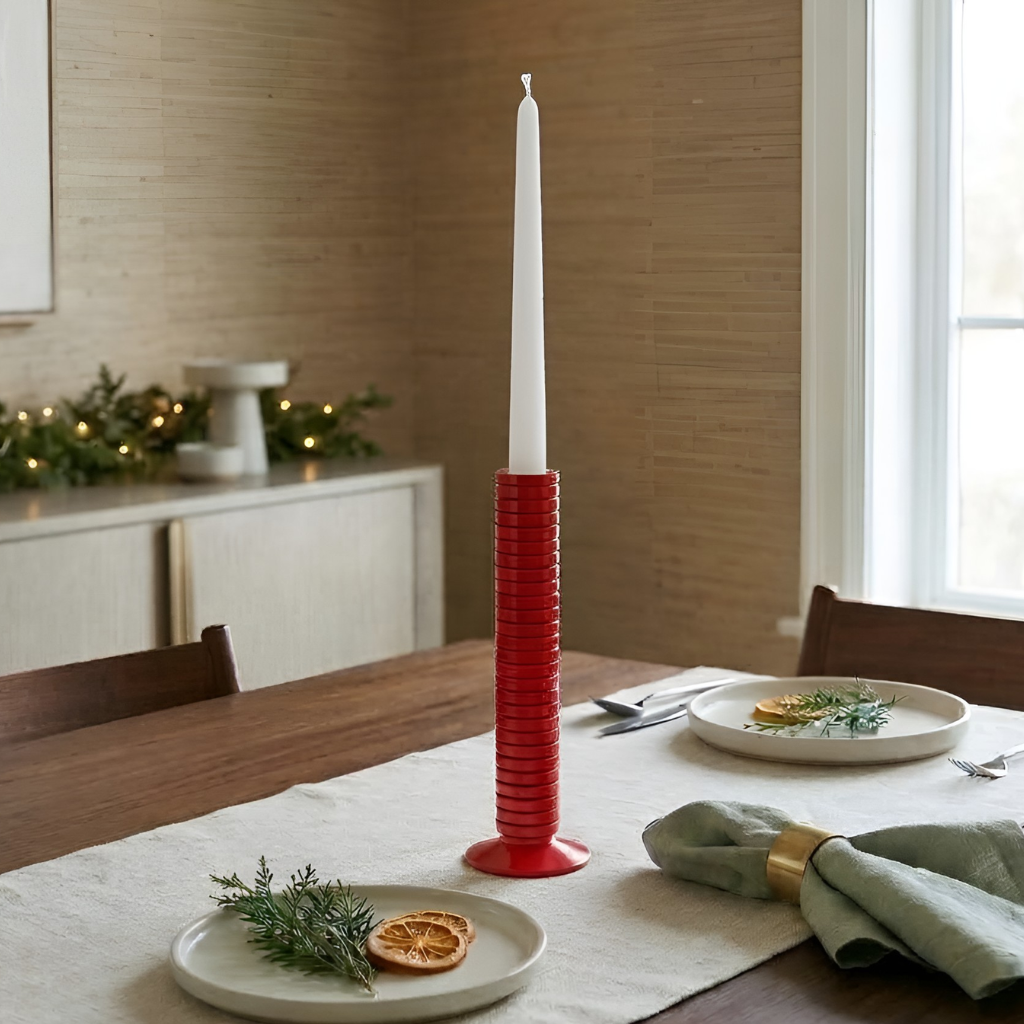 Mattie Medium Ribbed Taper Candle Holder 11" - Red