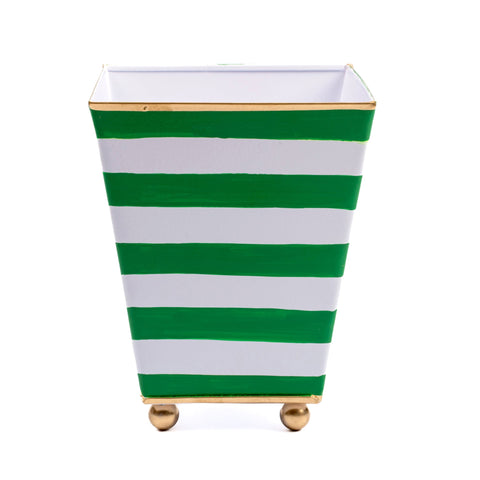 Horizontal Stripe Hand Painted Square Cachepot Planter White & Holiday Green