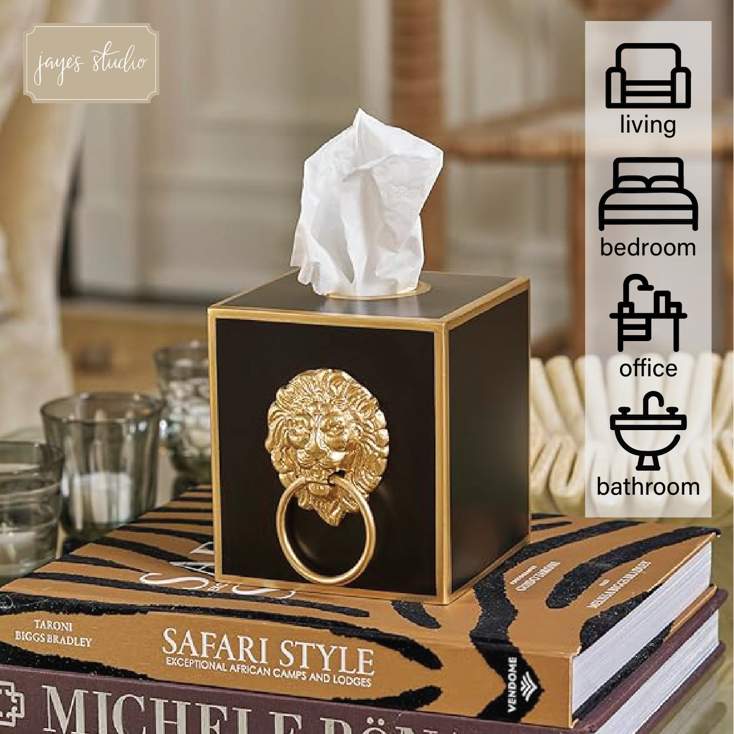 Regency Paws and Claws Black Enameled Square Metal Tissue Box Cover for Bathroom, Vanity, Bedroom, Home Office