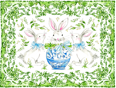 Bunny Trio Enameled Jaye Tray - White & Green - Avail 02/21