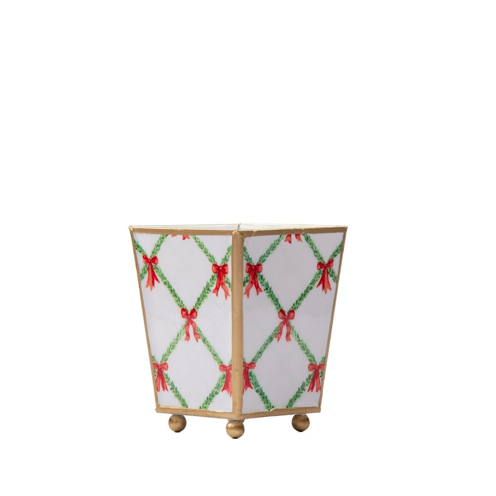 Bow Trellis Enameled Red and Green Square Metal Cachepot Planter for Bedroom, Home Office, Kitchen, Living Room - Cachepots from Jaye's Studio