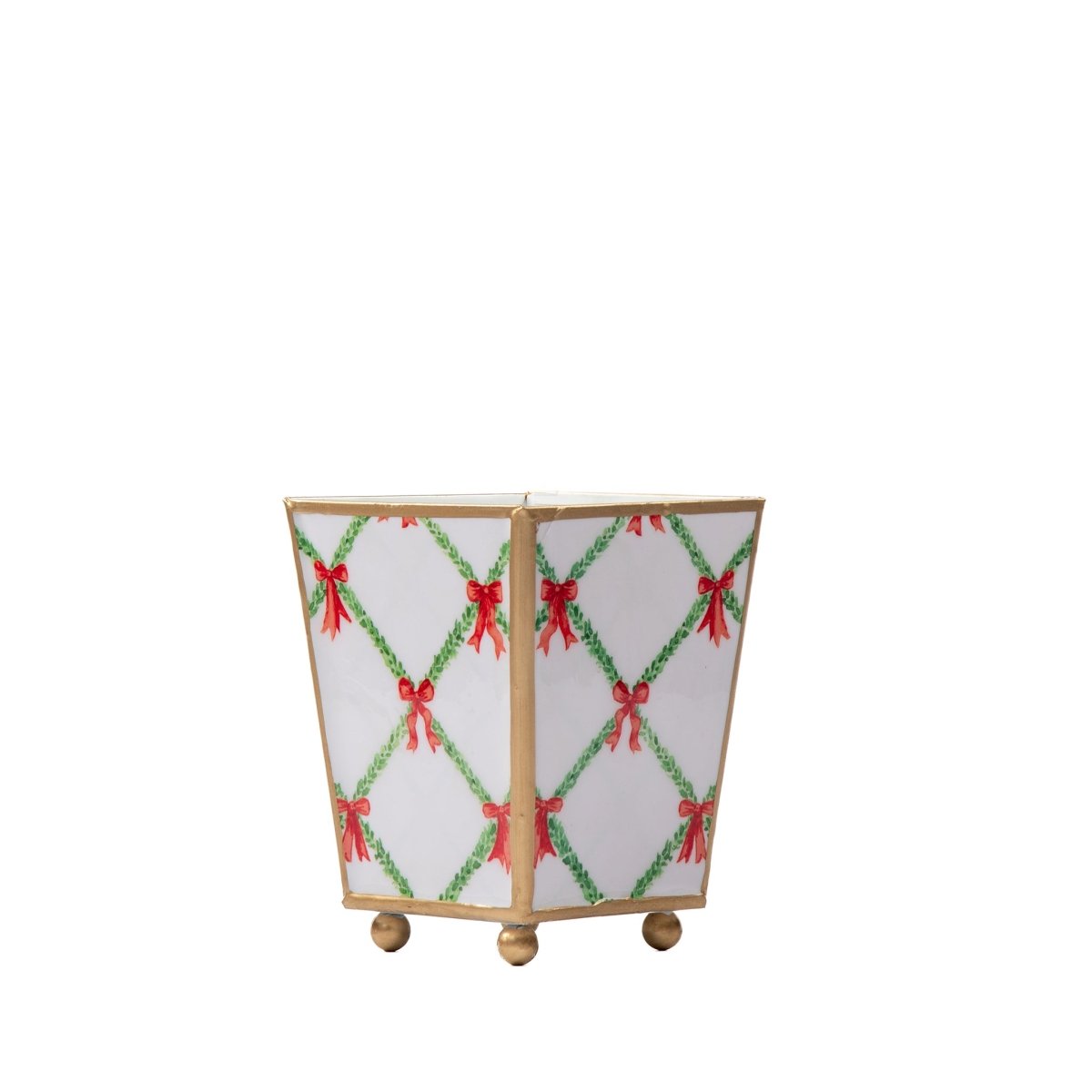 Bow Trellis Enameled Red and Green Square Metal Cachepot Planter for Bedroom, Home Office, Kitchen, Living Room - Cachepots from Jaye's Studio