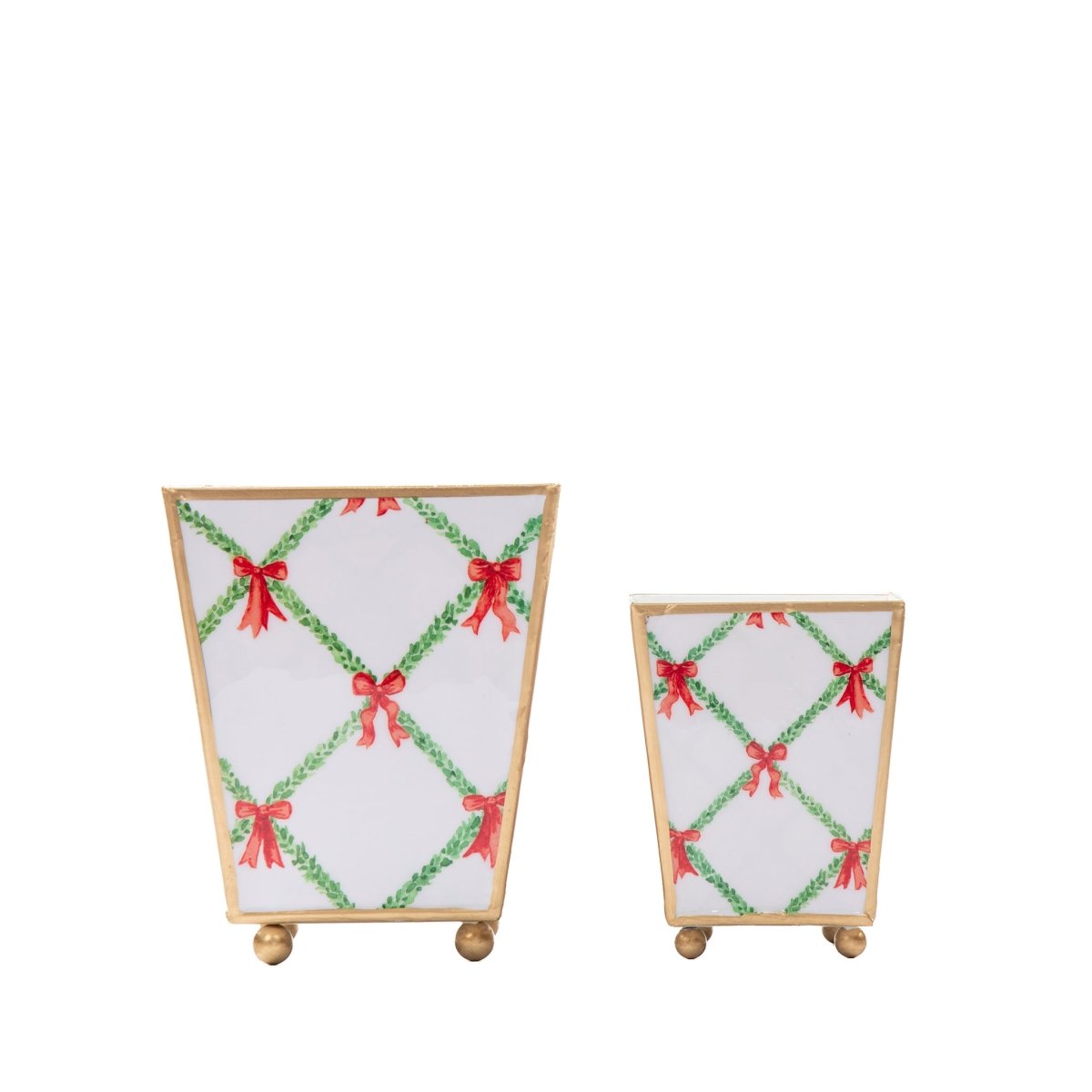Bow Trellis Enameled Red and Green Square Metal Cachepot Planter for Bedroom, Home Office, Kitchen, Living Room - Cachepots from Jaye's Studio
