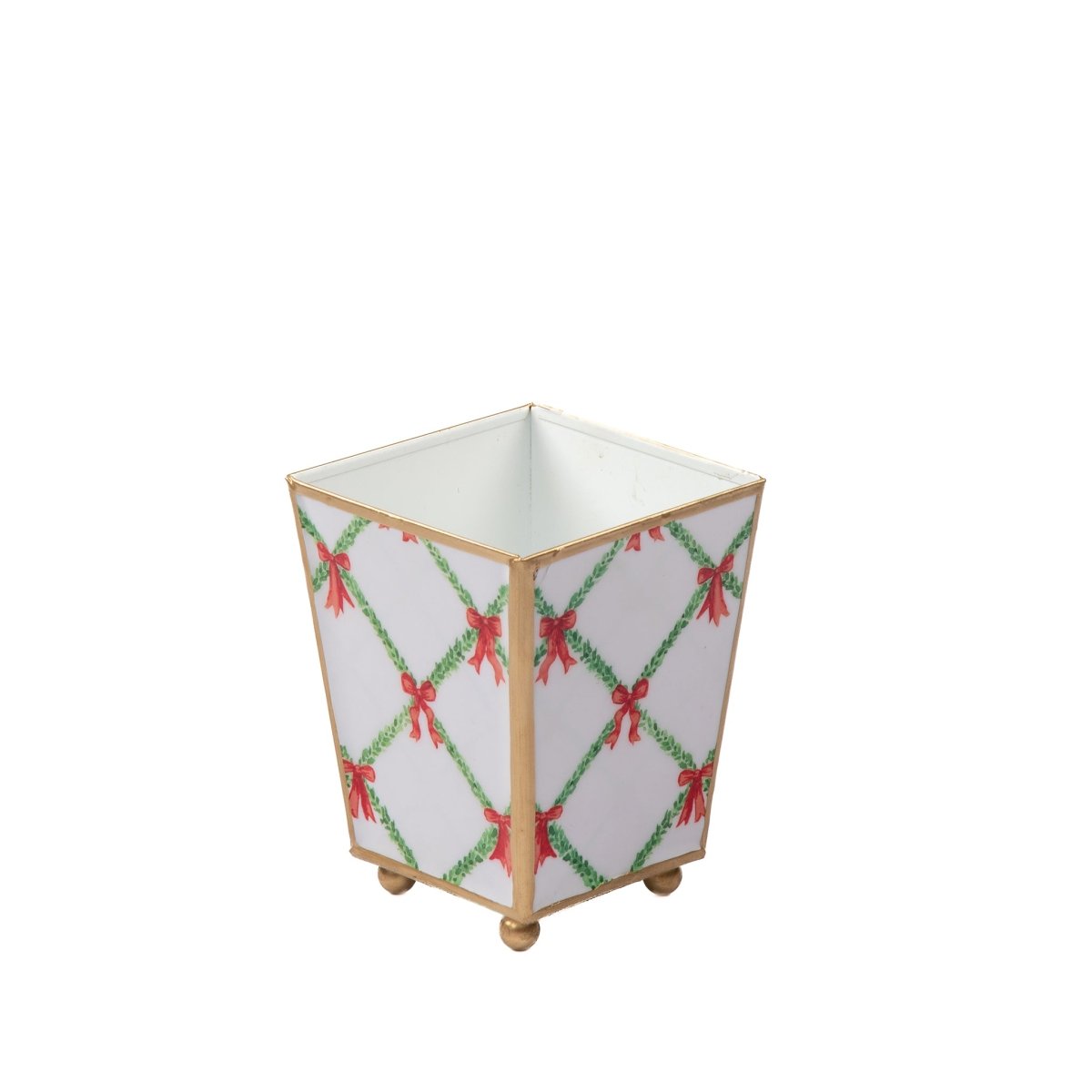Bow Trellis Enameled Red and Green Square Metal Cachepot Planter for Bedroom, Home Office, Kitchen, Living Room - Cachepots from Jaye's Studio