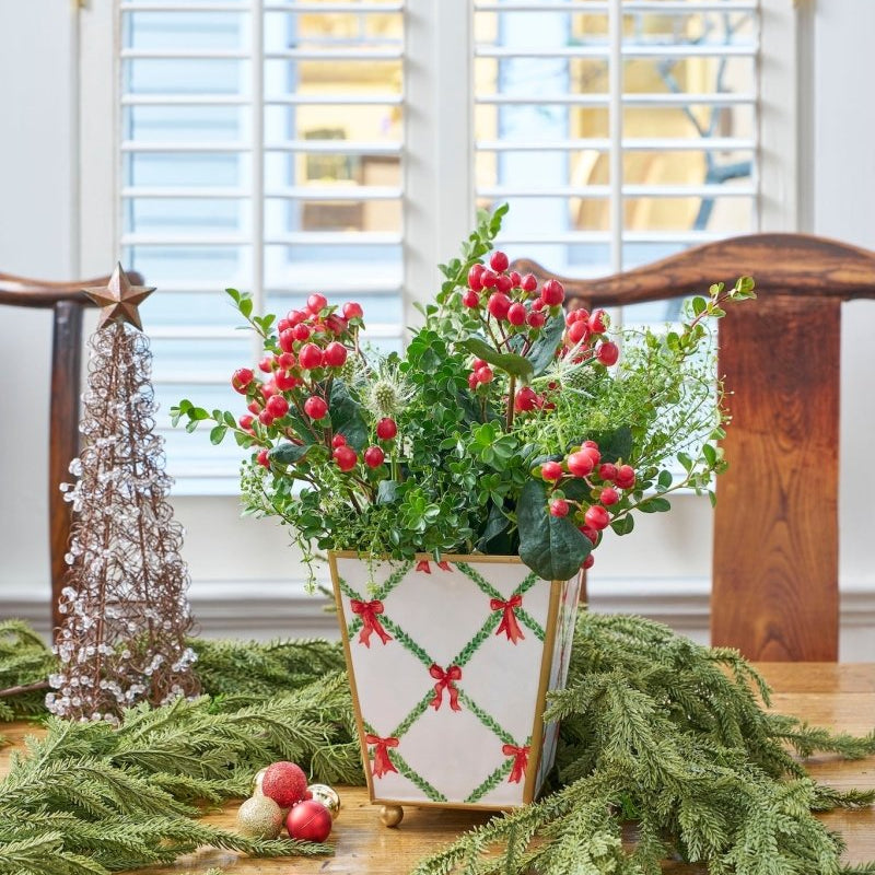 Bow Trellis Enameled Red and Green Square Metal Cachepot Planter for Bedroom, Home Office, Kitchen, Living Room - Cachepots from Jaye's Studio