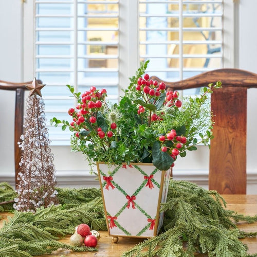 Bow Trellis Enameled Red and Green Square Metal Cachepot Planter for Bedroom, Home Office, Kitchen, Living Room - Cachepots from Jaye's Studio
