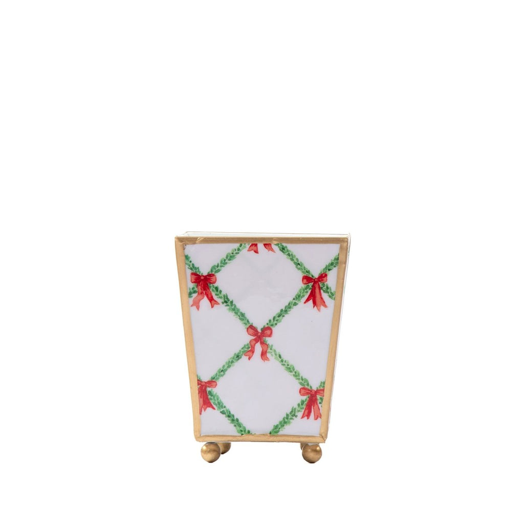 Bow Trellis Enameled Red and Green Square Metal Cachepot Planter for Bedroom, Home Office, Kitchen, Living Room - Cachepots from Jaye's Studio