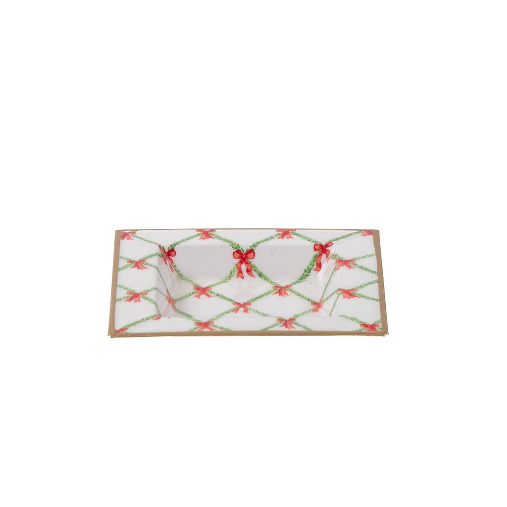 Bow Trellis Red and Green Enameled Square Decorative Trinket Tray, Catch All Tray, Jewelry Tray for Vanity, Bathroom, Bedside Home Office - Trinket Trays from Jaye's Studio