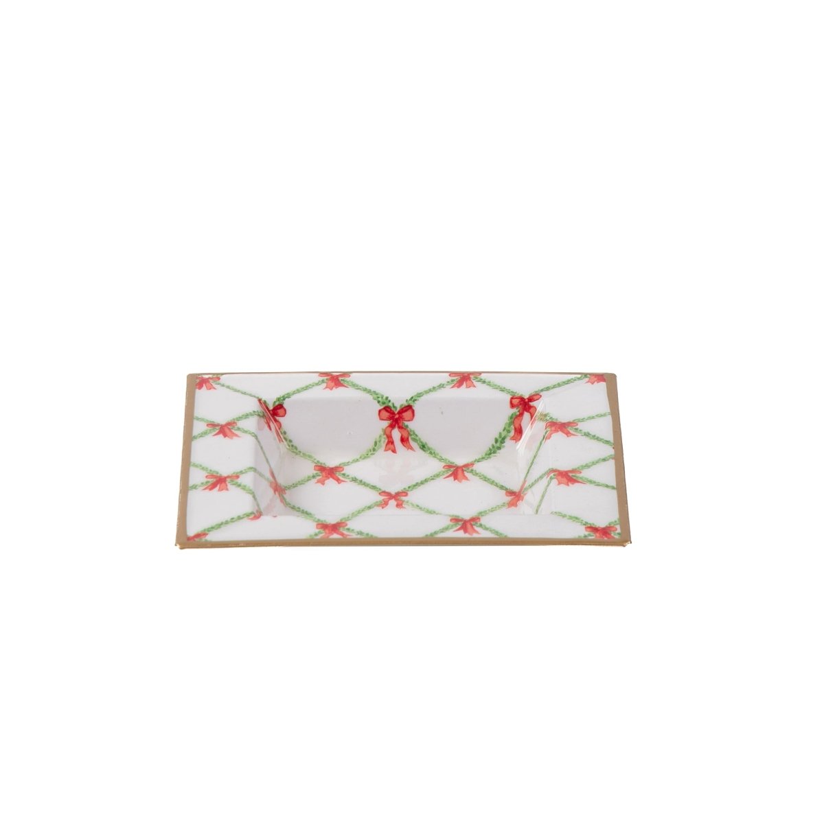 Bow Trellis Red and Green Enameled Square Decorative Trinket Tray, Catch All Tray, Jewelry Tray for Vanity, Bathroom, Bedside Home Office - Trinket Trays from Jaye's Studio
