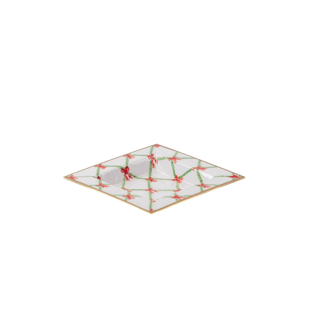 Bow Trellis Red and Green Enameled Square Decorative Trinket Tray, Catch All Tray, Jewelry Tray for Vanity, Bathroom, Bedside Home Office - Trinket Trays from Jaye's Studio