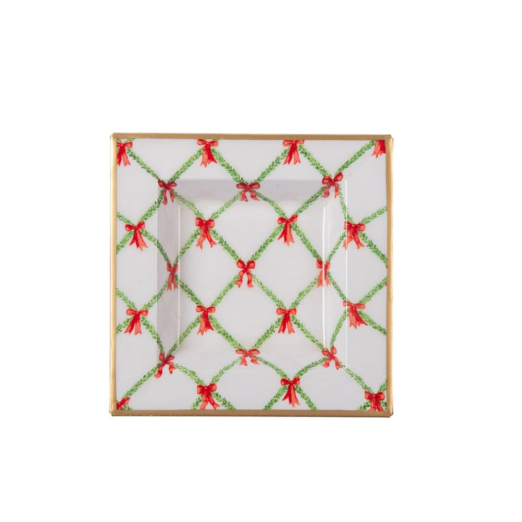 Bow Trellis Red and Green Enameled Square Decorative Trinket Tray, Catch All Tray, Jewelry Tray for Vanity, Bathroom, Bedside Home Office - Trinket Trays from Jaye's Studio