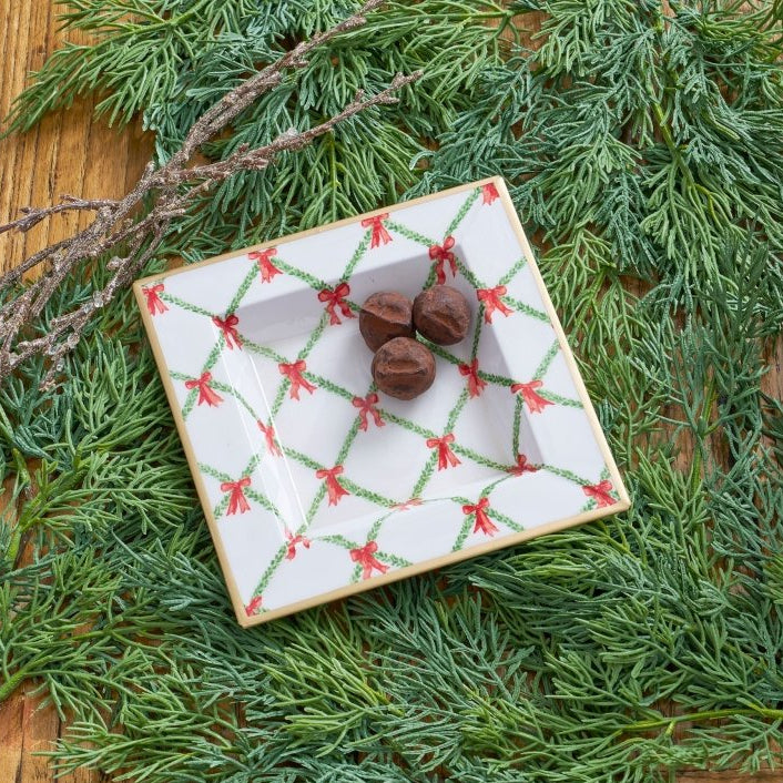 Bow Trellis Red and Green Enameled Square Decorative Trinket Tray, Catch All Tray, Jewelry Tray for Vanity, Bathroom, Bedside Home Office - Trinket Trays from Jaye's Studio