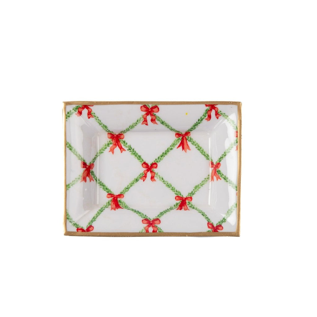 Bow Trellis Red and Green Rectangle Catch All Tray, Jewelry Tray for Bathroom, Vanity - Decorative Landry Tray - Trinket Trays from Jaye's Studio