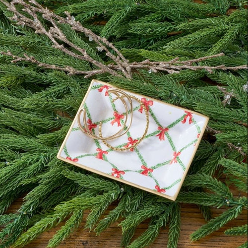 Bow Trellis Red and Green Rectangle Catch All Tray, Jewelry Tray for Bathroom, Vanity - Decorative Landry Tray - Trinket Trays from Jaye's Studio