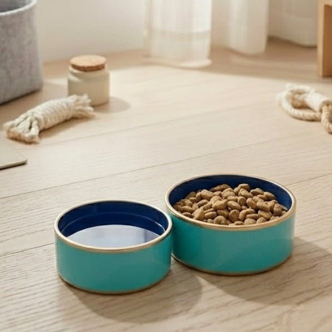 Cabana Stripe Enameled Blue and Turquoise Dog Bowl, Pet Bowl For Dogs and Cats - Pet Bowls from Jaye's Studio