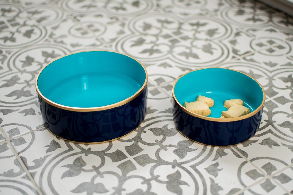 Cabana Stripe Enameled White and Turquoise Pet Bowl For Dogs and Cats - Pet Bowls from Jaye's Studio