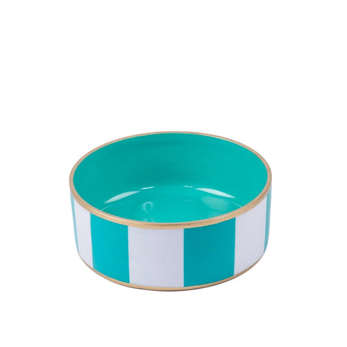 Cabana Stripe Enameled White and Turquoise Pet Bowl For Dogs and Cats - Pet Bowls from Jaye's Studio