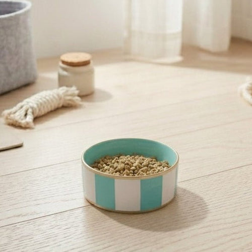 Cabana Stripe Enameled White and Turquoise Pet Bowl For Dogs and Cats - Pet Bowls from Jaye's Studio