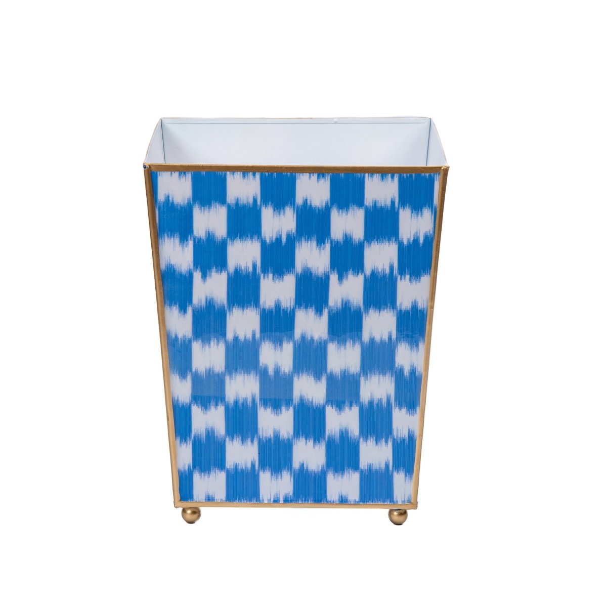 Checkered Ikat Blue Bathroom Trash Can, Wastebasket, Dustbin for Bedroom, Home Office, Vanity - Square without Lid - Wastebaskets from Jaye's Studio