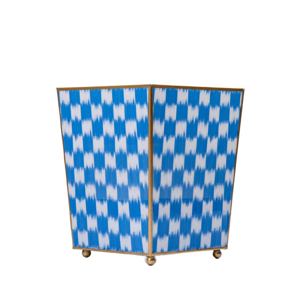 Checkered Ikat Blue Bathroom Trash Can, Wastebasket, Dustbin for Bedroom, Home Office, Vanity - Square without Lid - Wastebaskets from Jaye's Studio