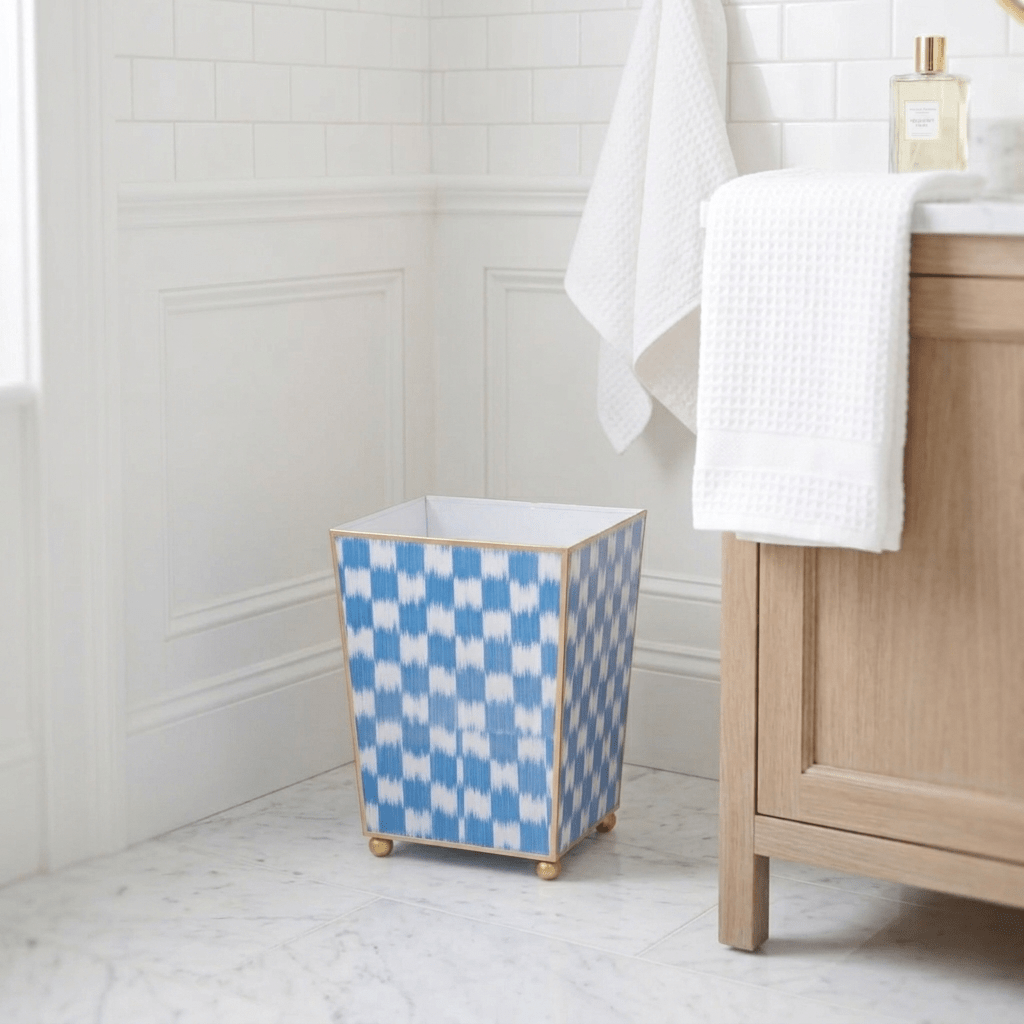 Checkered Ikat Blue Bathroom Trash Can, Wastebasket, Dustbin for Bedroom, Home Office, Vanity - Square without Lid - Wastebaskets from Jaye's Studio