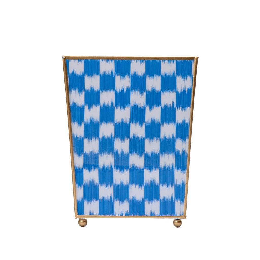 Checkered Ikat Blue Bathroom Trash Can, Wastebasket, Dustbin for Bedroom, Home Office, Vanity - Square without Lid - Wastebaskets from Jaye's Studio
