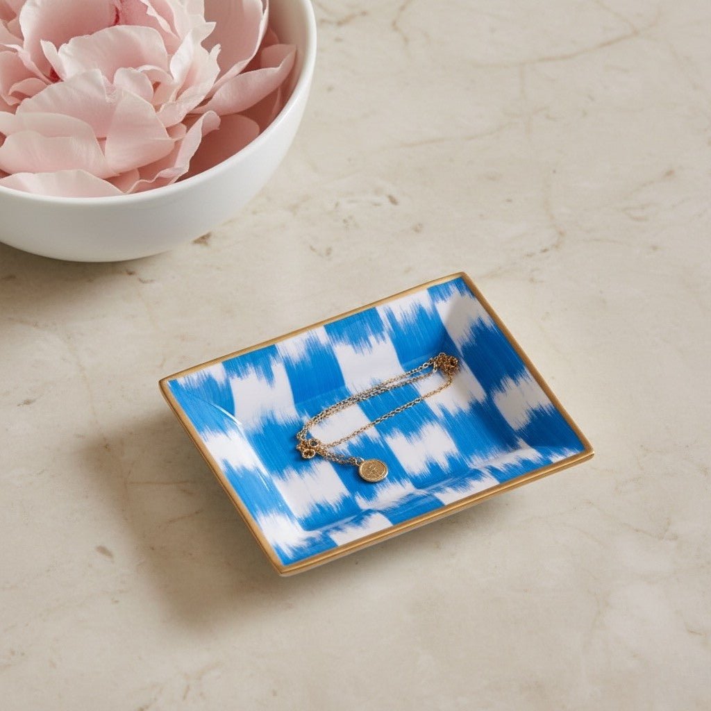 Checkered Ikat Blue Enameled Rectangle Catch All Tray, Jewelry Tray for Bathroom, Vanity - Decorative Landry Tray - Trinket Trays from Jaye's Studio