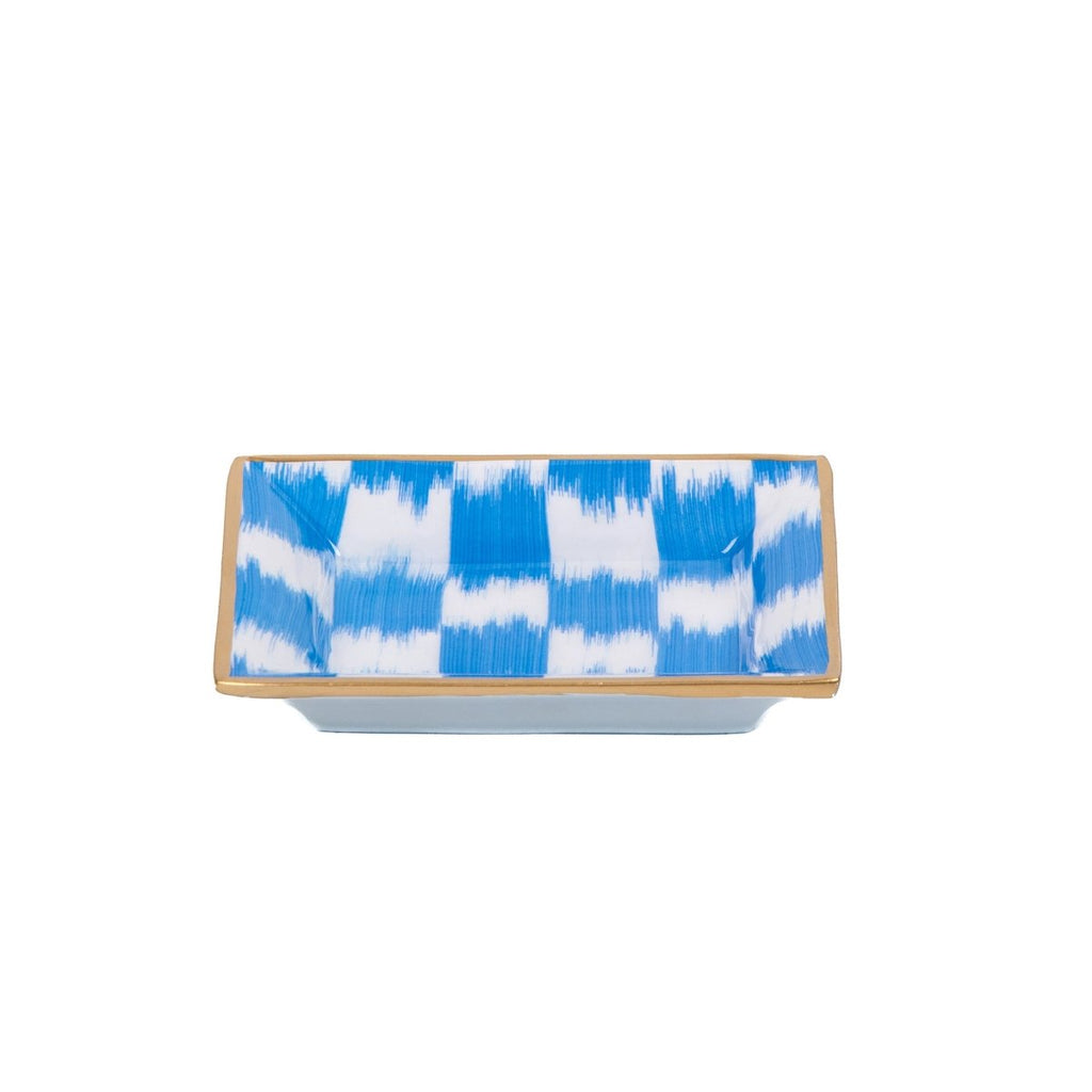 Checkered Ikat Blue Enameled Rectangle Catch All Tray, Jewelry Tray for Bathroom, Vanity - Decorative Landry Tray - Trinket Trays from Jaye's Studio